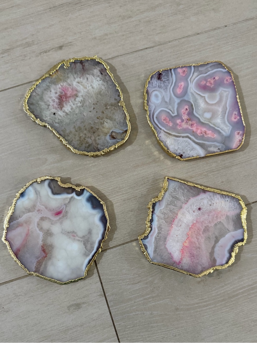 Set of Four Anthropologie Pink and White Agate Coaster Set with Gold Trim